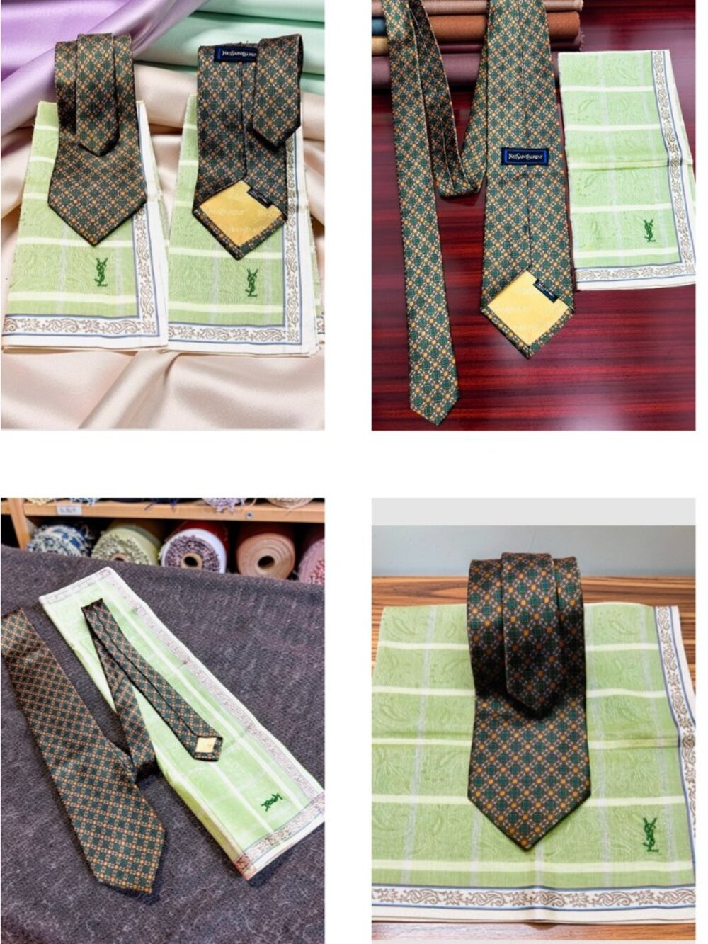 Unused Set Yves Saint Laurent Necktie Silk +kerchief YSL Olive Green Striped (30